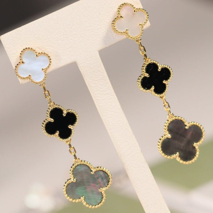 [Star Jewelry]CLOVER EARRINGS GOLD ONYX MOP 3 MOTIF