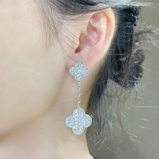 [Star Jewelry]CLOVER 2 MOTIFS DIAMOND PAVED SILVER EARRINGS