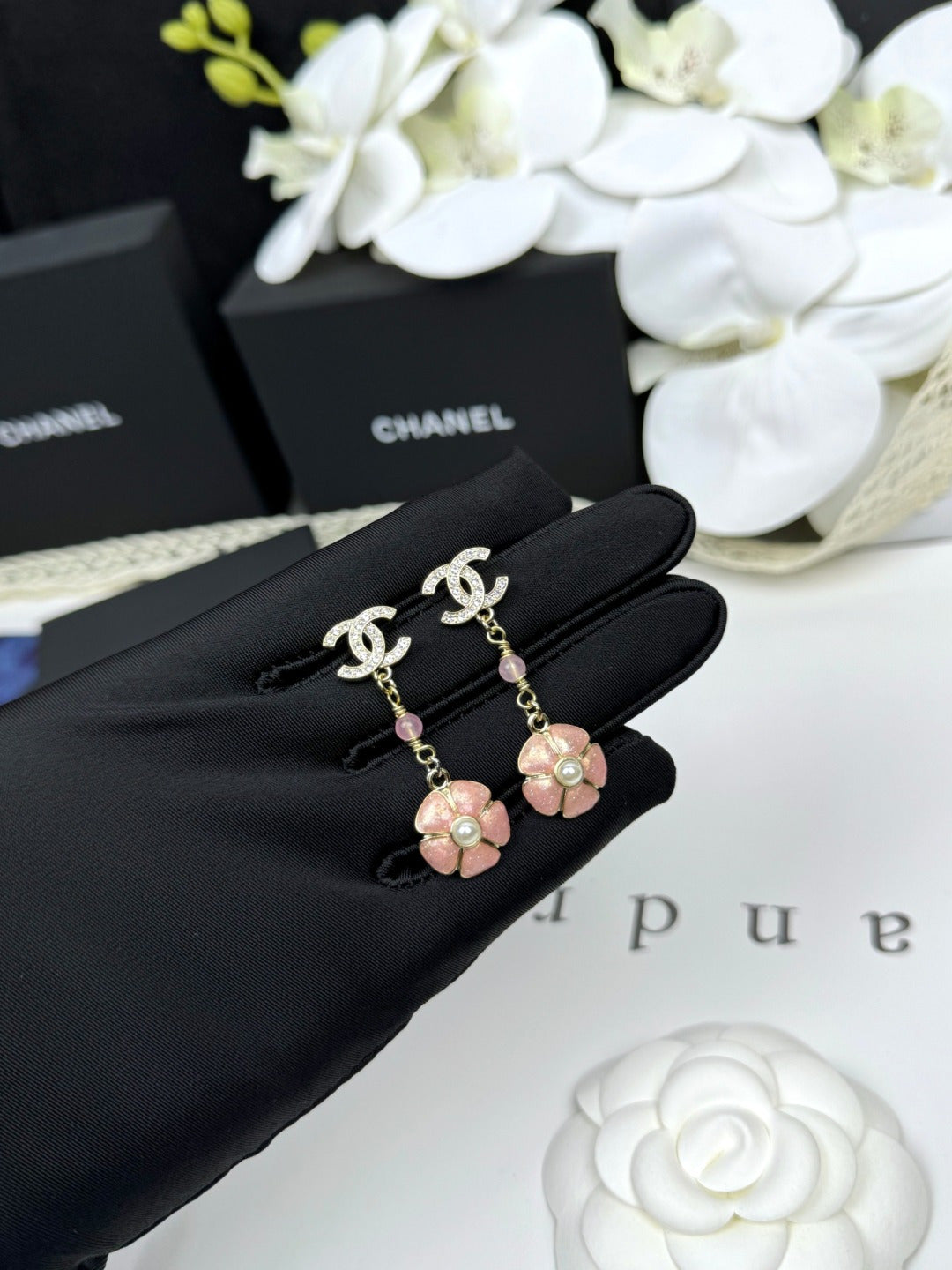 [Star Jewelry]26C Pink Camellia Enamel Pendant with Double C Earrings