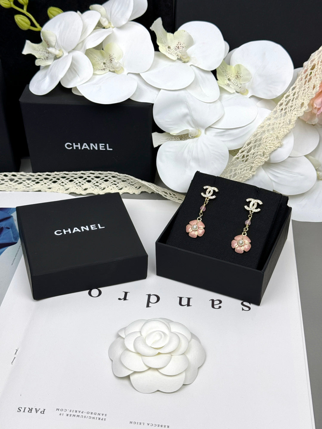 [Star Jewelry]26C Pink Camellia Enamel Pendant with Double C Earrings