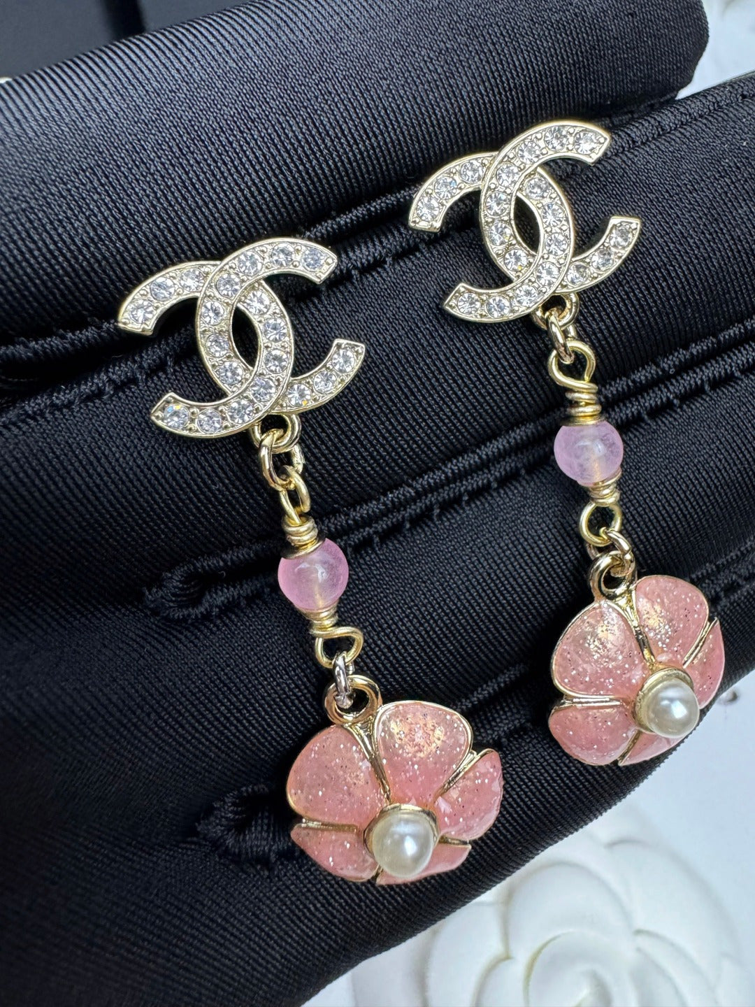 [Star Jewelry]26C Pink Camellia Enamel Pendant with Double C Earrings