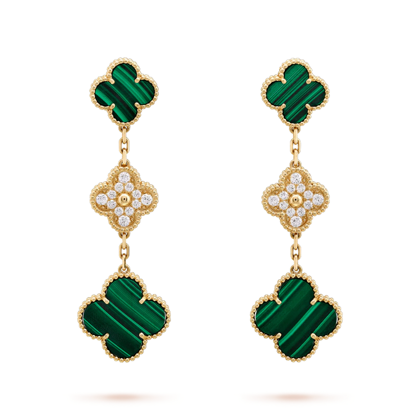 [Star Jewelry]CLOVER EARRINGS GOLD MALACHITE DIAMOND 3 MOTIF